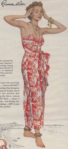 Glamourous Tropical Dress ! From Frances Sider Tiki Fashion, White Sarong, Hawaiian Wear, Vintage Hawaii Photography, Aloha Wear, Vintage Hawaiian Dress, Tiki Dress, 1940s Woman, Hawaiian Fashion