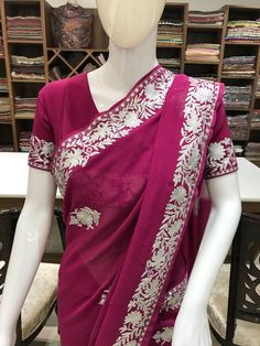 A Marvellous Embroidered Kashmir Saree which you can wear at any party or a wedding and stand out from the crowd.- - - - - - - - - - - - - - - - - - - - Product DetailsCondition: Brand NewEmbroidery: Kashmiri Tilla & Aari fusion embroideryColour: Onion PinkF A B R I CSaree: Viscose Georgette Blouse: Indian CrepeF I N I S H- UnstitchedYou can get it stitched locally.- StitchedWant your blouse ready to wear, let us know the style you want and we will stitch it for you.***PLEASE NOTE: We would requ Kashmiri Saree, Georgette Dresses, Ethnic Wear Women, Blouse Indian, Traditional Outfit, Hanging Beads, Georgette Blouse, Georgette Dress, Cashmere Wrap