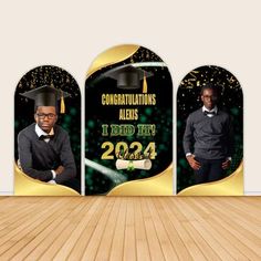 graduation party photo booth backdrops with gold foil and black graduate's cap on top