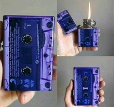 a hand holding a purple cassette tape recorder lighter