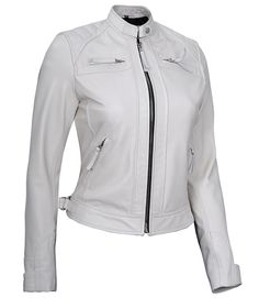 a women's white leather jacket with zippers on the front and side pockets