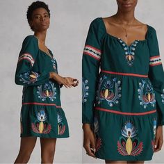 Anthropologie Women's Let Me Be Embroidered Tunic Dress Green Plus Cotton Embroidered Detail Tunic Silhouette Pullover Styling Hand Wash Imported 100% Cotton Size Xl 27" Chest 32.5" Length Short Pullover, Embroidery Boho, Embroidered Tunic Dress, Teal Turquoise, Embroidered Tunic, Boho Vibe, Anthropologie Dress, Turquoise Color, Anthropologie Dresses