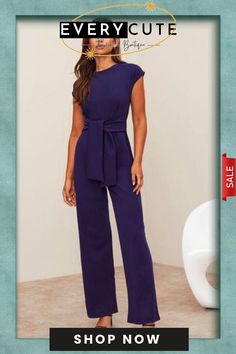 Blue Round Neck Plain Jumpsuit Fitted Solid Color Belted Jumpsuits And Rompers, Fitted Belted Jumpsuits And Rompers In Solid Color, Solid Color Belted Fitted Jumpsuits And Rompers, Summer Purple Jumpsuits And Rompers For Work, Blue Belted Jumpsuit For Summer, Purple Summer Jumpsuits And Rompers For Work, Purple Jumpsuits And Rompers For Summer Workwear, Blue Short Sleeve Jumpsuits For Work, Blue Fitted Jumpsuits And Rompers For Work