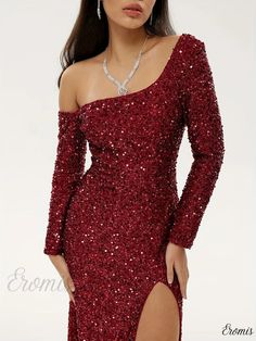 Eromis - Elegant Glitter Sequined Asymmetrical Dress: Perfect Attire for Wedding Parties and Special Occasions - Womens Clothing Glitter Gown For Party Season, Fitted Glitter Gown For Party, Glamorous Glitter Gown For Party, Formal Sequin Dress With Fitted Bodice, Elegant Homecoming Dress With Asymmetrical Neckline, Fitted Glitter Gown For Formal Events, Glamorous Sequin Dress For Wedding And Prom Season, Fitted Glitter Evening Dress For Wedding, Sparkling Sequin Dress For Wedding Evening