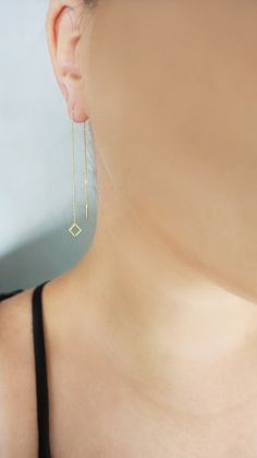 14K 9K Gold Rhombus Threader Earrings, Solid Gold Minimalist Earrings, Dainty Rhombus Threaders, Long Chain Earrings, Geometric gold earrings, Gift for her, FREE EXPRESS SHIPPING Dainty and minimalist 14K or 9K Solid gold threader earrings with a small small rhombus/diamond shape. A lovely, versatile pair of earrings/earring that you will love wearing all day, everyday! Whisper...Minimalism at its finest! :) ------------------------------------------------- D E T A I L S 14K Solid Gold or 9K Sol Minimalist Geometric Jewelry In 14k Gold, Minimalist 14k Gold Geometric Jewelry, Minimalist Everyday Diamond-shaped Jewelry, Minimalist Geometric 14k Gold Jewelry, Minimalist Diamond-shaped Earrings For Gift, Minimalist Diamond-shaped Everyday Jewelry, Everyday Minimalist Diamond-shaped Jewelry, Minimalist Geometric Pierced Jewelry, Minimalist Geometric Jewelry