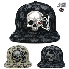 Thank you for shopping - JLGUSA SKULL Features New Skull Snapback Hat Cap New with Tag / Sticker Allover Printed Skulls background with a 3D Embroidery Skull Across the Front Panel Crown. Skull name Back Embroidery. Skull all over Printed on top of the Bill. All logos and letters on crown embroidered, stitched on  100% Cotton | Flat Bill Contrasting button and grommet ventilation Adult size adjustable with plastic snap back GREAT VALUE - WITH FAST SHIPPING All Hats are shipped in a BOX Adjustable Black Baseball Cap With Skull Print, Black Skull Print Hat For Streetwear, Black Skull Baseball Cap For Streetwear, Adjustable Snapback Baseball Cap With Skull Print, Black Snapback Hat With Skull Print, Skull Print Snapback Hat For Streetwear, Streetwear Snapback Hat With Skull Print, Casual Black Hat With Skull Print, Casual Skull Print Hats For Streetwear