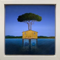 a painting of a house with a tree growing out of it's roof over the water