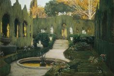 a painting of a formal garden with fountains