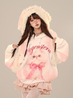 Step into the world of kawaii fashion with our adorable Kitty Bow Hoodie! This charming piece features a cute kitty adorned with a delicate bow, surrounded by playful letter patterns. Crafted for comfort and style, this hoodie is perfect for adding a touch of whimsy to your everyday look.Embrace your inner kawaii with this irresistible addition to your wardrobe!  Please note, the price includes only one hoodie.   	 		 			Size 			S 			M 			L 		 		 			Length 			68 			70 			74 		 		 			Shoulders Spring Cotton Kawaii Hoodie, Pink Harajuku Crew Neck Hoodie, White Kawaii Hoodie With Letter Print, Cute Winter Hoodie, Spring Kawaii Crew Neck Hoodie, Kawaii White Hoodie For Spring, Cute Cat Print Hooded Hoodie, Cute Winter Cat Print Hoodie, Cute Winter Hoodie With Cat Print