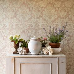 a white vase sitting on top of a wooden cabinet next to potted plants and flowers