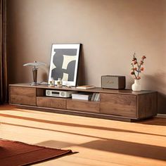 a living room scene with focus on the entertainment center and coffee table in the foreground