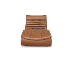 a brown leather recliner chair with the foot rest down on it's side