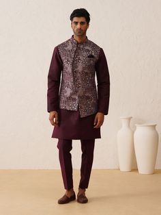 Exclusively crafted Wine color nehru jacket with Kurta Pajama for your special occasions to make heads turn at you.This nehru jacket is made from silk fabric which is one of the softest and most luxurious fabric and addorned with the beautifully designed kashida thread emroidery all over, Nehru jacket,nehru jacket for mens,nehru jacket wedding,nehru jacket suit,designer nehru jacket,wedding nehru jacket COST INCLUDES NEHRU JACKET & KURTA PAJAMA Luxury Single-breasted Nehru Jacket, Traditional Wedding Sets For Fall, Traditional Fall Wedding Sets, Wedding Sets With Zari Work For Fall, Fall Wedding Sets With Zari Work, Traditional Nehru Jacket For Fall Wedding, Traditional Fall Wedding Nehru Jacket, Traditional Stand Collar Kurta For Fall, Festive Kurta With Chikankari Embroidery For Fall