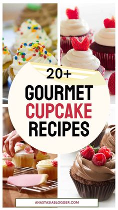 the words gourmet cupcake recipes are shown above pictures of different types of cupcakes