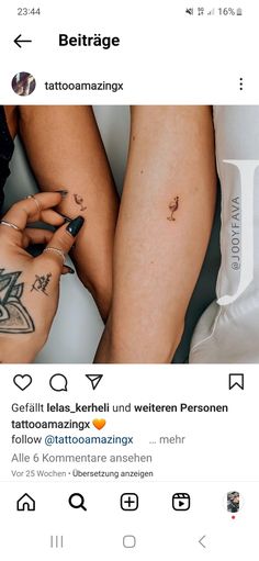 two people with tattoos on their legs and one has a small tattoo on her arm