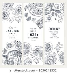 three vertical banners with hand drawn food and drinks on white background for restaurant or cafe menus