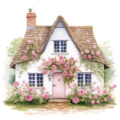 a white house with pink roses growing on the roof and windows, painted in watercolor