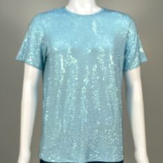 Blurred view of Lt. Blue Crystals on Lt. blue Fabric T-shirt demonstrating how the garment sparkles in videos. Embellished Short Sleeve T-shirt For Party, Fitted Rhinestone T-shirt For Party, Fitted Blue Tops With Rhinestones, Fitted Sequin Crew Neck T-shirt, Fitted Crew Neck T-shirt With Sequins, Spring Short Sleeve Rhinestone T-shirt, Blue Sequined Summer Tops, Blue Fitted T-shirt For Party, Spring Short Sleeve T-shirt With Rhinestones