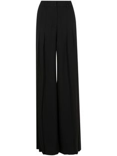 jet black crepe texture tonal stitching pleat detailing belt loops concealed front fastening high-waisted wide leg two side slash pockets straight hem Modern Wide-leg Evening Pants, Tailored Wide-leg Evening Pantsuit, Tailored Evening Pantsuit With Wide-leg Pants, Modern Wide Leg Pants For Evening, Modern Full Length Wide Leg Pants For Evening, Modern Evening Trousers, Tailored High-waisted Pants For Evening, Formal Wide Leg Pants With Belt Loops, Formal Wide-leg Pants With Belt Loops