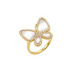 Introducing the Pave Outlined Stone Butterfly Ring from Adina Eden, a beautiful and elegant piece that adds a touch of nature-inspired charm to your jewelry collection. Crafted from high-quality brass and plated with luxurious 14K gold, this ring features a stunning butterfly design adorned with a mother of pearl stone and sparkling clear CZ stones. The butterfly measures 18 MM, making it a perfect statement piece. Available in size 7, this ring offers a comfortable and precise fit. Ideal for bo Luxury Butterfly-shaped Ring For Gift, Luxury Butterfly Rings For Gifts, Luxury Butterfly Ring For Gift, Luxury Butterfly Rings For Gift, Delicate Gold Diamond Ring With Gemstone, Elegant 14k Gold Butterfly Jewelry, Fine Jewelry Butterfly-shaped Yellow Gold Jewelry, Butterfly Shaped Yellow Gold Diamond Jewelry, Fine Jewelry Yellow Gold Butterfly