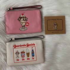 Coach Ice Cream Sundae Wristlets Set Of 2 + Pin *New With Tags *Set Of (2) Wristlets: -Cherry Blossom Pebble Leather Ice Cream Sundae Embossed -Chalk White Pebble Leather Boardwalk Specialties Embossed *Nylon Interior *Corner Zip Closure, Silver-Tone Hardware *Pebble Leather Wrist Strap *Approximate Dimensions: 6" X 4" Includes Coach Sundae Pin (1.25" X 0.5") Coach Cream Bag As Gift, Coach Cream Bag Perfect For Gifts, Coach Cream Bag For Gift, Cream Coach Bag As Gift, Coach White Wristlet For Travel, White Coach Wristlet For Travel, Fancy Casual Outfits, Birkenstock Boston Shearling, Boston Shearling