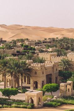 an old castle in the desert with palm trees