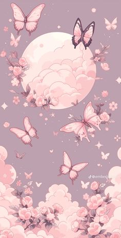 pink butterflies flying in the sky with clouds and stars above them, on a purple background