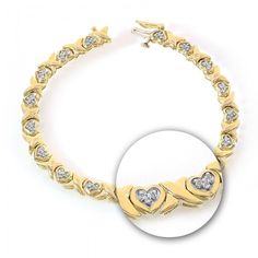 "Thank her devoted love with this adoring 0.50 Carat Diamond Heart and \"X\"-Shaped Link 14K Yellow Gold Bracelet. This gorgeous item features 0.50 carat diamonds with color/clarity of I/I1 set in 18 hearts, which adorn \"X\"-shaped link of 14K Yellow Gold. Tongue clasp. Measures 7\" Inches and weights approximately 12.4 grams. For re-sizing information, contact Avital & Co Jewelry at (212) 764-6851. Payment: Payment must be received within 2 business days of the sale being completed. We are Gold Diamond Heart Cut Bracelets, Heart Cut Diamond Accents Bracelet For Anniversary, Valentine's Day Gold Bracelets With Diamond Accents, Gold Heart-shaped Diamond Bracelet With Diamond Accents, Gold Heart-shaped Diamond Bracelet With Accents, Gold Diamond Bracelet With Heart Shape And Diamond Accents, Gold Heart Cut Diamond Bracelet For Anniversary, Diamond Bracelet For Anniversary On Valentine's Day, Elegant Heart Bracelet For Anniversary