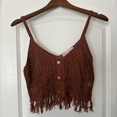 Cotton/Crochet Fringe Crop Tank Size L Purchased From Macys Never Worn Brown Cotton Crochet Top For Vacation, Beach Crochet Top In Brown, Beach Brown Crochet Top, Summer Brown Crochet Lace Top, Brown Knitted Crochet Top For Summer, Brown Knit Crochet Top For Summer, Brown Crochet Trim Top For Vacation, Brown Crochet Top For Vacation, Crochet Brown Top For Vacation