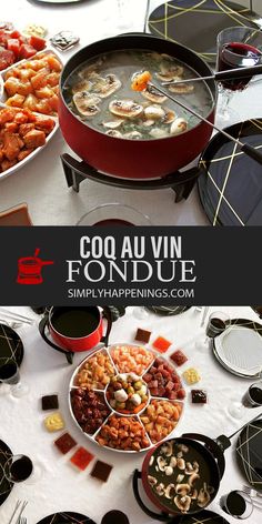 an assortment of food is displayed on a table with the words coq au vin fondue