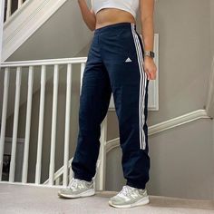 Vintage Adidas high waist windbreaker track pants tracksuit bottom blue colourway with white stripes Tag says Size 12uk 27"inner leg Seen on size 10uk, 5'4" for reference overall Good condition joggers sportswear trackie track-pant tracksuit bottom sweatpants casual streetwear baggy pants parachute pants y2k 00s gymwear activewear unisex  67 Windbreaker Track Pants, Adidas High, Pants Y2k, Adidas Vintage, Baggy Pants, Baggy Pant, Vintage Adidas, Casual Streetwear, Gym Wear