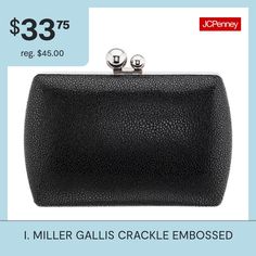 Talk about classic, this crackle embossed minaudiere which gives off a very elegant look. Also includes drop in shoulder chain to go handsfree. Features: Removable StrapsClosure Type: Top Frame ClosurePockets: 1 Inside Slip PocketMetal Color: Silver ToneMeasurements: 5 Height/Inches, 1.75 Depth/InchesHandle Drop Length: 18 InchesMax Strap Drop Length: 18 InchesBase Material: 100% PolyurethaneFabric Description: Polyurethane CoatedLining Material: SyntheticCare: Spot CleanCountry of Origin: Impo… Shoulder Chain, Drop In, Emboss, Evening Bags, Talk About, Handbags, Chain, Silver