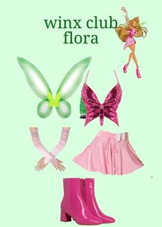 the poster for winx club flora is shown with pink boots and green butterfly wings