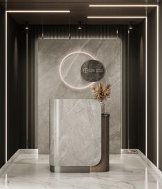 a white marble counter top in a room with black and gold accents on the walls