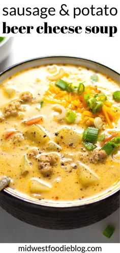 a bowl of sausage and potato beer cheese soup