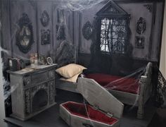 there is a doll house with furniture and decorations on the walls, including a bed