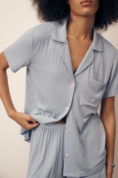 Includes buttondown top and pull-on shorts 95% Tencel™ modal, 5% elastane Chest patch pocket Machine wash Imported | Gisele Shortie Short Pajama Set by Eberjey in Blue, Women's, Size: Largearge, Elastane/Modal/Tencel at Anthropologie Women’s Pajama Sets, Pajama Set Aesthetic, Sleepwear Women Nightwear, Knit Pajamas, Women Sleepwear, Pajama Outfits, Nighty Night, Blue Fits, Night Wear