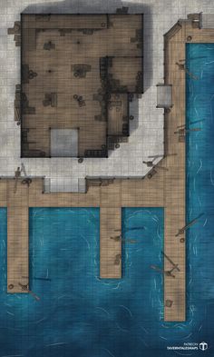 an aerial view of a dock with water surrounding it and the floor plan for this area