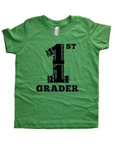 First Grade Tshirt 1st Grader Shirt Boys by SunshineMountainTees Green Cotton Shirt With Name Print, Green Letter Print Top For Birthday, Green Letter Print Tops For Birthday, Green Text Print T-shirt For School, Birthday Letter Print Green Shirt, Green School Tops With Text Print, Green Text Print School Tops, Green Text Print Top For School, Green Text Print Tops For School