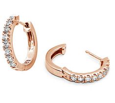 Small enough for the office and dazzling enough for dinner, these hoop earrings are perfect for everyday wear. They're accented with cubic zirconia Diamonique simulated diamonds to add a touch of sparkle to any look. Rose Gold Hoop Earrings With Brilliant Cut Diamonds, Rose Gold Diamond Hoop Earrings With Brilliant Cut, Diamond White Sparkling Stones Hoop Earrings, Diamond Sparkling Stones Huggie Hoop Earrings, Rose Gold Pave Set Huggie Hoop Earrings, Rose Gold Huggie Hoop Earrings With Pave Setting, Classic Rose Gold Diamond Hoop Earrings, Anniversary Channel Set Hoop Earrings, Hoop Earrings With Pave Setting In Cubic Zirconia