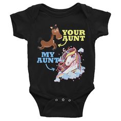 Awesome unicorn aunt baby romper. #aunt #unicornaunt #auntgifts #auntie #auntonesie #unicorn #unicornonesie #babygirlonesie Funny Aunt Onesie, Baby Homecoming Outfit, Baby Crafts To Make, Aunt Baby Clothes, Trendy Baby Boy Names, Aunt Baby, Baby Homecoming, Trendy Baby Onesies, Baby Aunt