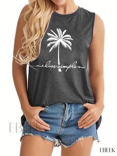 Ebeek - Stylish Coco Palm Print Tank Top: Fashionable Sleeveless Summer Top with Crew Neck, Ideal for Womens Fashionable Wardrobe Casual Beach Vest With Stretch, Trendy Gray Sleeveless Tank Top, Trendy Sleeveless Tank Top For Beach Season, Sleeveless Gray Tank Top For Summer, Gray Sleeveless Top For Vacation, Gray Tank Top For Summer Beach, Gray Tank Top For Summer Beach Days, Gray Tank Top For Summer Beach Outing, Trendy Sleeveless Vacation Tops