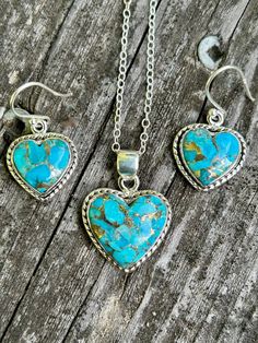 Genuine Turquoise Copper Matrix Heart Pendant and Earring Set .925 Silver Sterling Chain Included.  This is such a sweet set for any female in your life especially yourself.  Beautiful Heart Copper Matrix Turquoise in a Pendant and Earring Set.  You don't see this kind of set very often.  Sterling Silver chain included. * Genuine Turquoise * Sterling Silver * Pendant is .75" and Earrings are just over .5" * Matching Heart motif in both Pendant and Earrings * 18" Sterling Chain Included * Come in a lo9vely gift box ready for gifting * FREE SHIPPING Sterling Silver Heart Beads Dangle Jewelry, Heart Shaped Sterling Silver Jewelry Sets As Gift, Turquoise Heart Charm Jewelry For Anniversary, Turquoise Jewelry With Heart Charm For Anniversary, Sterling Silver Heart Jewelry Sets For Anniversary, Turquoise Jewelry With Heart Charm As Gift, Turquoise Jewelry With Heart Charm For Gift, Heart-shaped Turquoise Jewelry For Gift, Turquoise Heart-shaped Jewelry For Gift