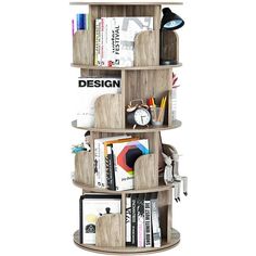 three tiered wooden shelf with books and magazines on it's sides, against a white background