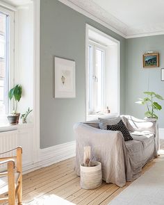 a living room with grey walls and white trimmings, wood flooring and furniture