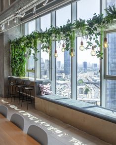 an office with large windows and plants growing on the wall, along with long tables and chairs