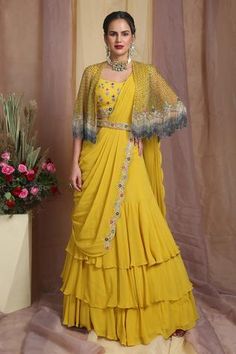 Shop for Miku Kumar Yellow Embroidered Lehenga Set With Cape for Women Online at Aza Fashions Yellow Festive Sets With Cape Sleeves, Festive Yellow Sets With Cape Sleeves, Cutdana Work, Cape For Women, Draped Saree, Drape Saree, Maggam Work Blouses, Embroidered Lehenga, Cape Sleeves