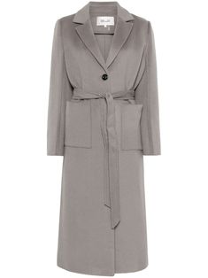 grey wool textured finish front button fastening belted waist notched collar long sleeves two side patch pockets central rear vent straight hem mid-length Elegant Gray Wool Coat With Pockets, Gray Wool Coat With Lapel Collar For Work, Dvf Diane Von Furstenberg, Wool Textures, Yoko London, Exclusive Fashion, Notched Collar, Outerwear Coats, Outerwear Women