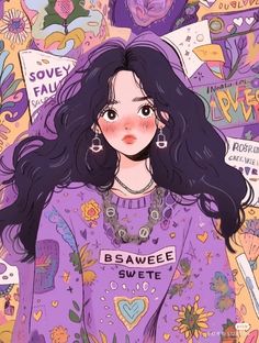 a girl with long black hair wearing a purple t - shirt surrounded by flowers and hearts