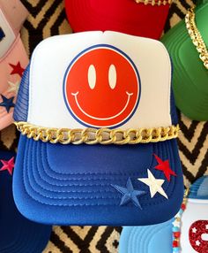 Happystack USA Trucker Hat, America Trucker Hat, Smiley Face Trucker Hat, Custom Trucker Hat, Patch Trucker Hat, Faux Patch Trucker Hat - Etsy Patriotic Trucker Hat, Fourth Of July Trucker Hats, Customizable Novelty Trucker Hat, Blue Trucker Cap For Festivals, Blue Trucker Hat For Festival, Customizable Fun Style Trucker Hat Snapback, Customizable Fun Snapback Trucker Hat, Customizable Fun Style Snapback Trucker Hat, Blue Snapback Trucker Hat For Festival